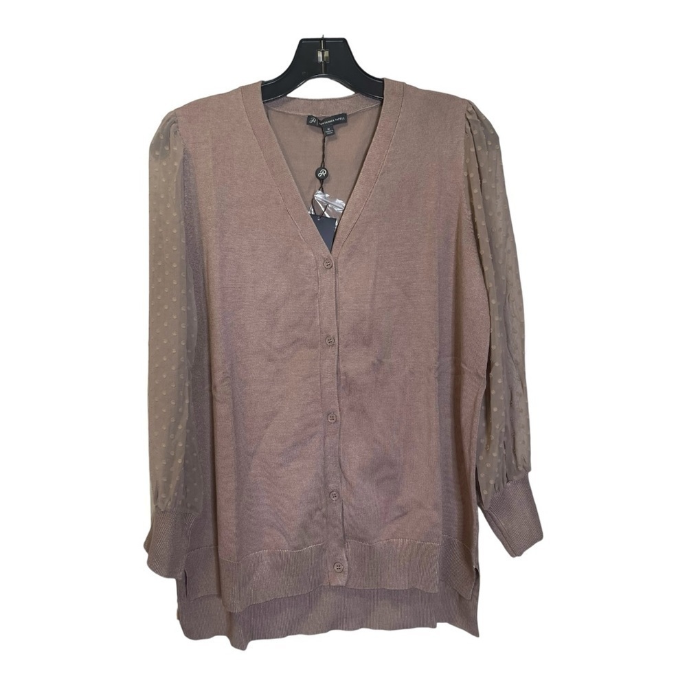 Adrianna Papell Brown Cocoa Sheer Dot Sleeve V Neck Cardigan Neutral Medium NW